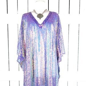 Iridescent purple sequins kimono caftan cover up tunic dress